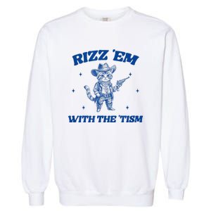 Rizz Em With The Tism Retro Cartoon Cowboy Cat Western Cute Garment-Dyed Sweatshirt