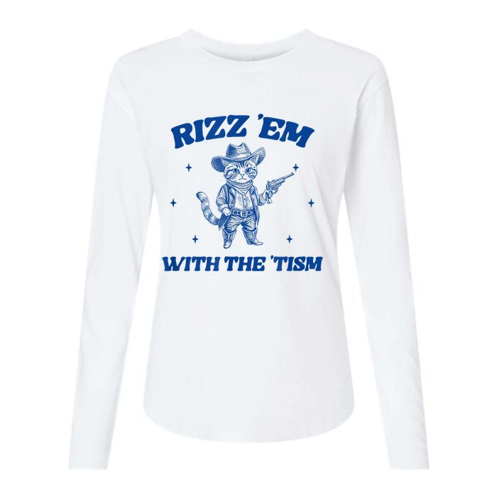 Rizz Em With The Tism Retro Cartoon Cowboy Cat Western Cute Womens Cotton Relaxed Long Sleeve T-Shirt