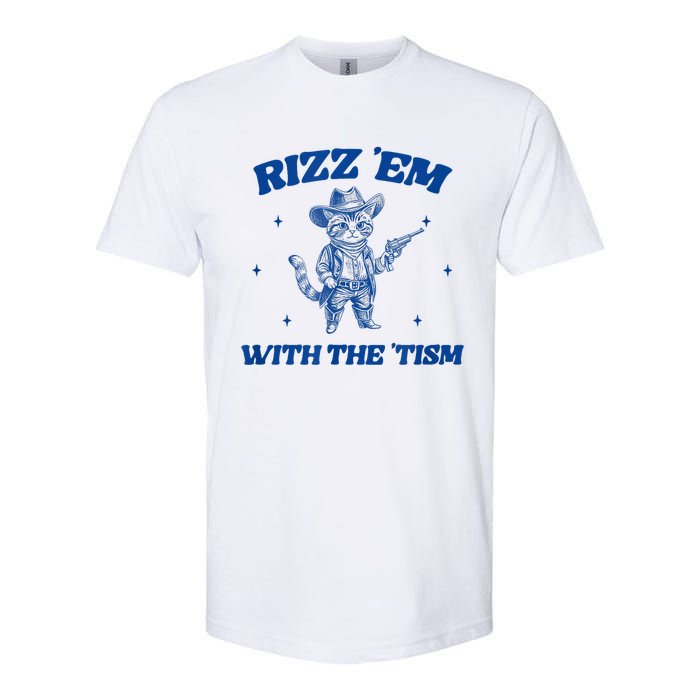 Rizz Em With The Tism Retro Cartoon Cowboy Cat Western Cute Softstyle CVC T-Shirt