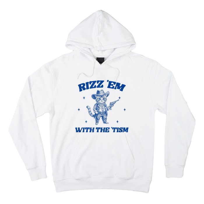 Rizz Em With The Tism Retro Cartoon Cowboy Cat Western Cute Hoodie