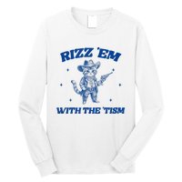 Rizz Em With The Tism Retro Cartoon Cowboy Cat Western Cute Long Sleeve Shirt