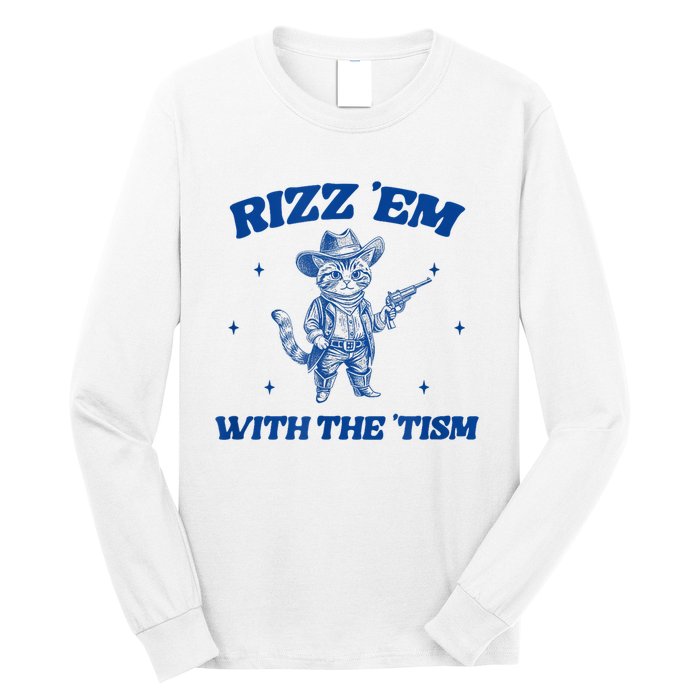 Rizz Em With The Tism Retro Cartoon Cowboy Cat Western Cute Long Sleeve Shirt