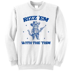 Rizz Em With The Tism Retro Cartoon Cowboy Cat Western Cute Sweatshirt