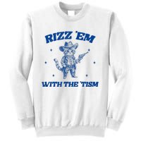 Rizz Em With The Tism Retro Cartoon Cowboy Cat Western Cute Sweatshirt