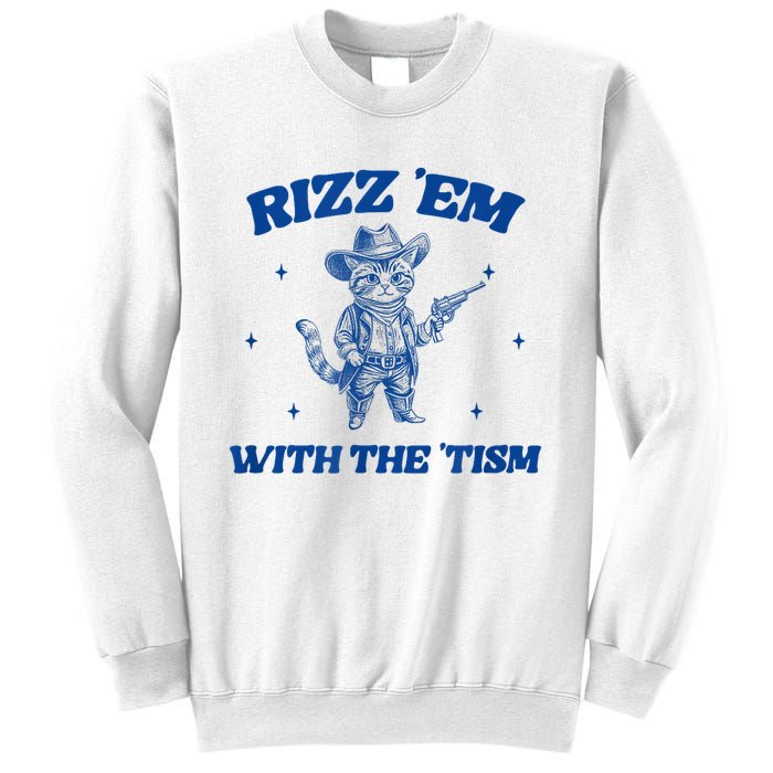 Rizz Em With The Tism Retro Cartoon Cowboy Cat Western Cute Sweatshirt