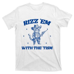 Rizz Em With The Tism Retro Cartoon Cowboy Cat Western Cute T-Shirt