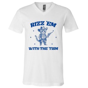 Rizz Em With The Tism Retro Cartoon Cowboy Cat Western Cute V-Neck T-Shirt