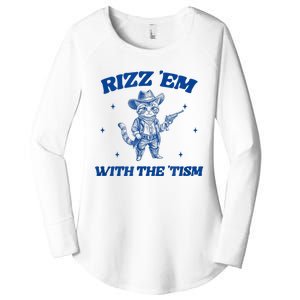 Rizz Em With The Tism Retro Cartoon Cowboy Cat Western Cute Women's Perfect Tri Tunic Long Sleeve Shirt