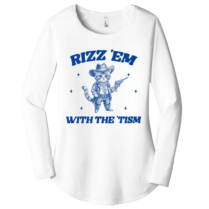 Rizz Em With The Tism Retro Cartoon Cowboy Cat Western Cute Women's Perfect Tri Tunic Long Sleeve Shirt