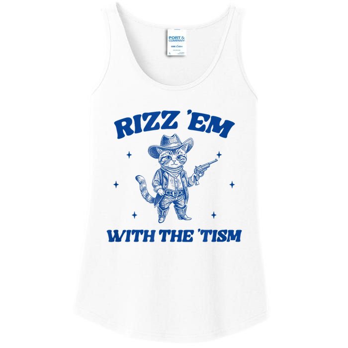 Rizz Em With The Tism Retro Cartoon Cowboy Cat Western Cute Ladies Essential Tank