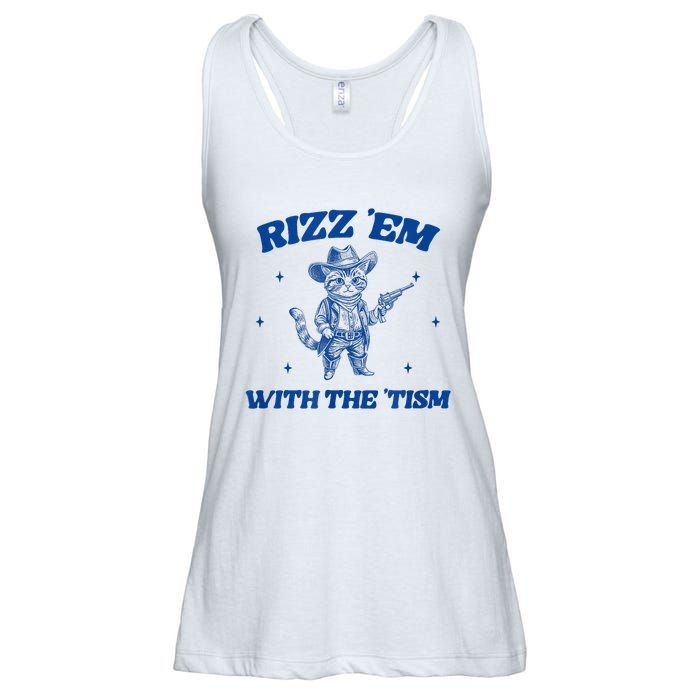 Rizz Em With The Tism Retro Cartoon Cowboy Cat Western Cute Ladies Essential Flowy Tank