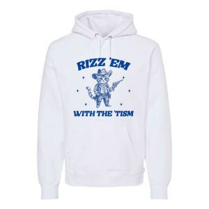 Rizz Em With The Tism Retro Cartoon Cowboy Cat Western Cute Premium Hoodie