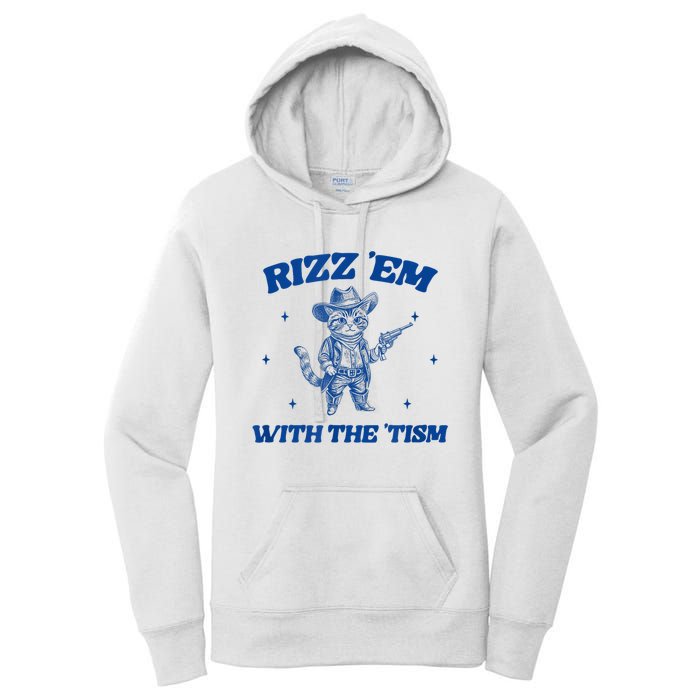 Rizz Em With The Tism Retro Cartoon Cowboy Cat Western Cute Women's Pullover Hoodie