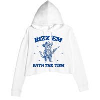 Rizz Em With The Tism Retro Cartoon Cowboy Cat Western Cute Crop Fleece Hoodie