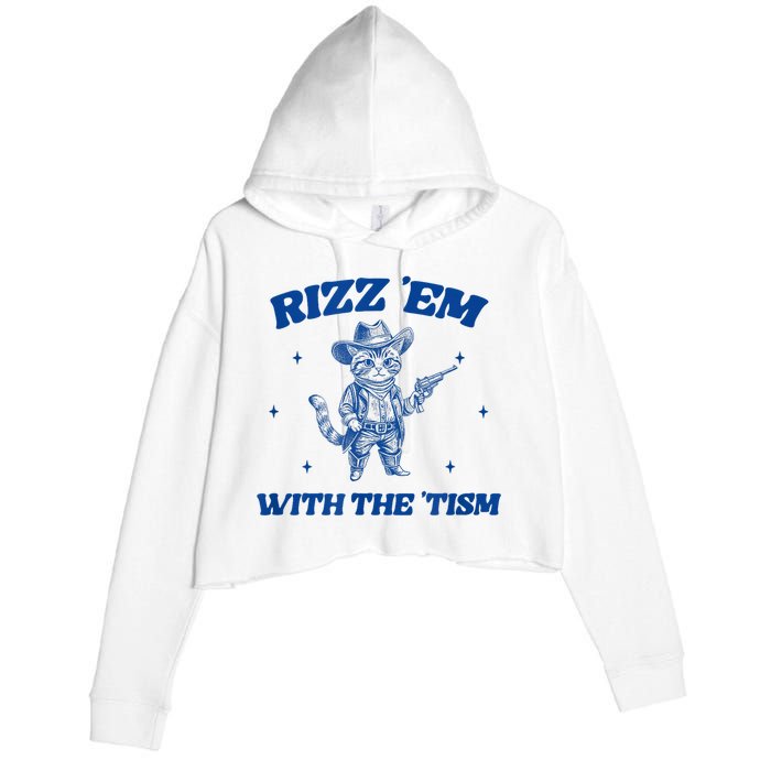 Rizz Em With The Tism Retro Cartoon Cowboy Cat Western Cute Crop Fleece Hoodie