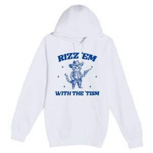 Rizz Em With The Tism Retro Cartoon Cowboy Cat Western Cute Premium Pullover Hoodie