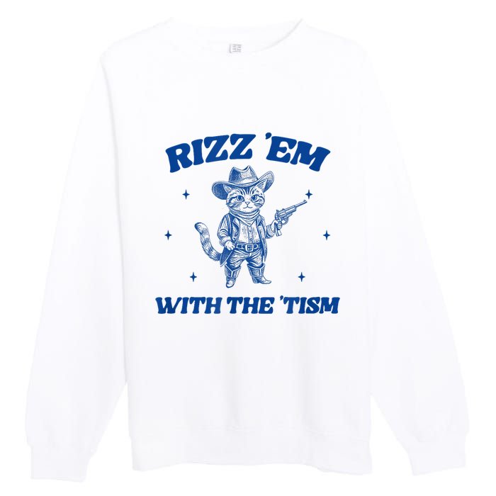 Rizz Em With The Tism Retro Cartoon Cowboy Cat Western Cute Premium Crewneck Sweatshirt