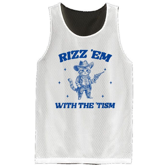 Rizz Em With The Tism Retro Cartoon Cowboy Cat Western Cute Mesh Reversible Basketball Jersey Tank