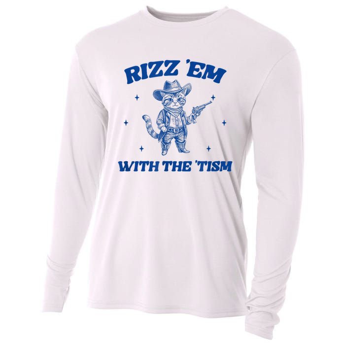 Rizz Em With The Tism Retro Cartoon Cowboy Cat Western Cute Cooling Performance Long Sleeve Crew