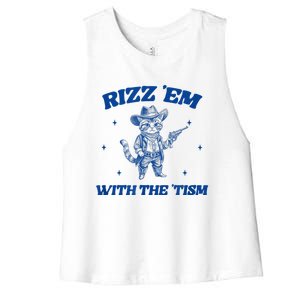 Rizz Em With The Tism Retro Cartoon Cowboy Cat Western Cute Women's Racerback Cropped Tank