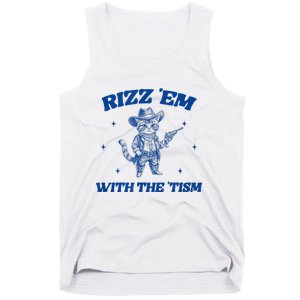 Rizz Em With The Tism Retro Cartoon Cowboy Cat Western Cute Tank Top