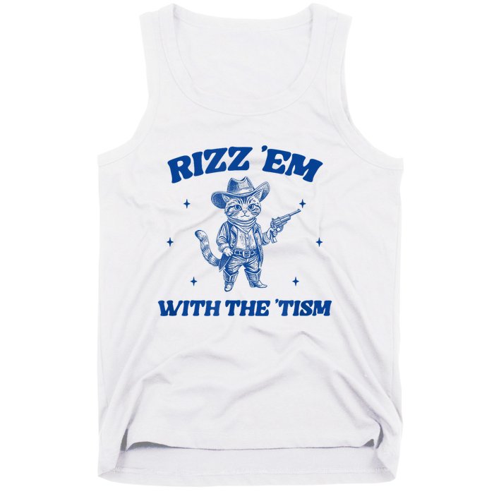 Rizz Em With The Tism Retro Cartoon Cowboy Cat Western Cute Tank Top