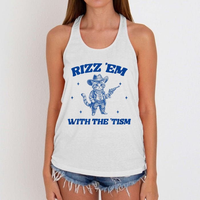 Rizz Em With The Tism Retro Cartoon Cowboy Cat Western Cute Women's Knotted Racerback Tank