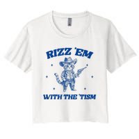 Rizz Em With The Tism Retro Cartoon Cowboy Cat Western Cute Women's Crop Top Tee