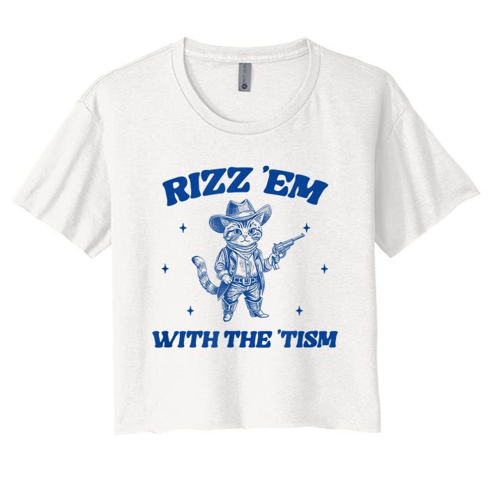 Rizz Em With The Tism Retro Cartoon Cowboy Cat Western Cute Women's Crop Top Tee