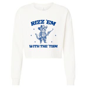 Rizz Em With The Tism Retro Cartoon Cowboy Cat Western Cute Cropped Pullover Crew