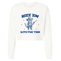 Rizz Em With The Tism Retro Cartoon Cowboy Cat Western Cute Cropped Pullover Crew