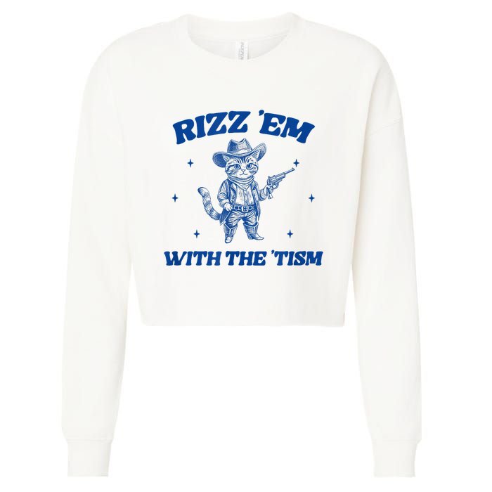 Rizz Em With The Tism Retro Cartoon Cowboy Cat Western Cute Cropped Pullover Crew