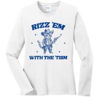 Rizz Em With The Tism Retro Cartoon Cowboy Cat Western Cute Ladies Long Sleeve Shirt