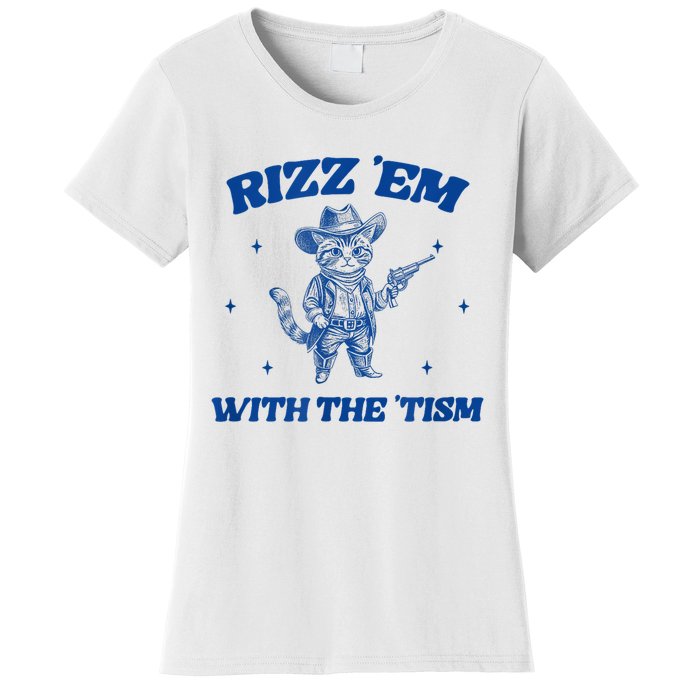 Rizz Em With The Tism Retro Cartoon Cowboy Cat Western Cute Women's T-Shirt