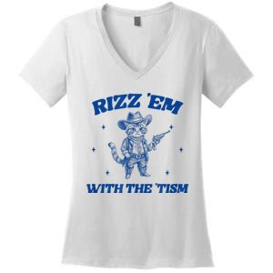 Rizz Em With The Tism Retro Cartoon Cowboy Cat Western Cute Women's V-Neck T-Shirt