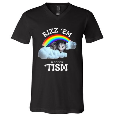 Rizz Em With The Tism Meme Autistic Opossum V-Neck T-Shirt