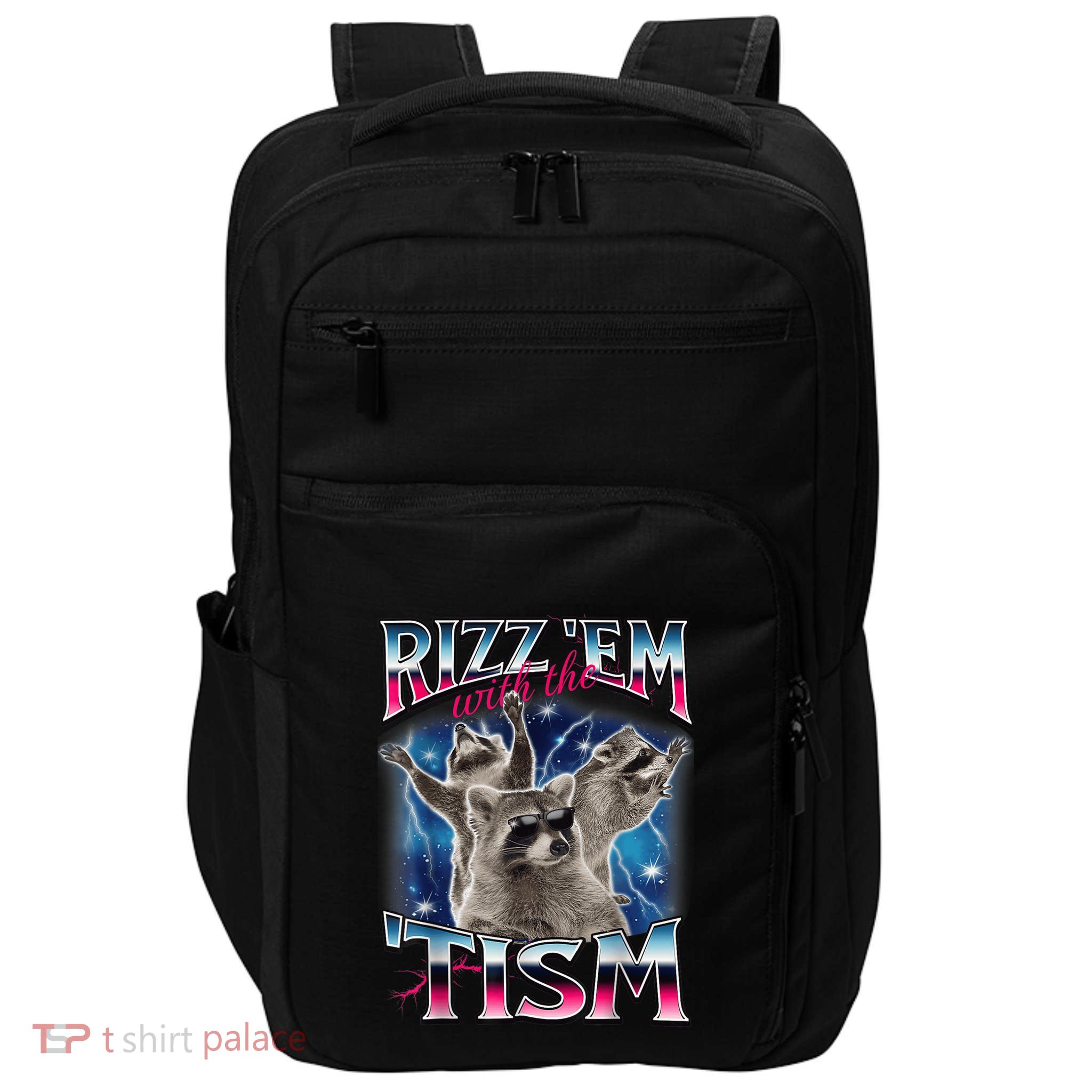 Rizz Em With The Tism Meme Autistic Raccoon Funny Impact Tech Backpack