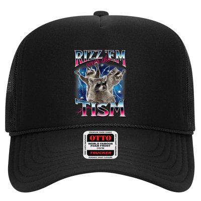 Rizz Em With The Tism Meme Autistic Raccoon Funny Trucker Hat