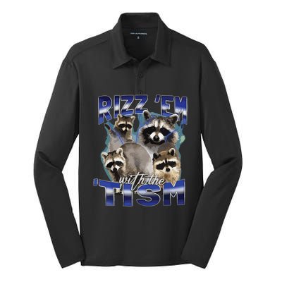 Rizz Em With The Tism Meme Autistic Racoon Funny Autism Silk Touch Performance Long Sleeve Polo