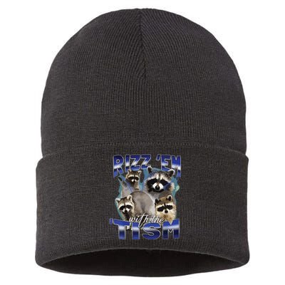 Rizz Em With The Tism Meme Autistic Racoon Funny Autism Sustainable Knit Beanie