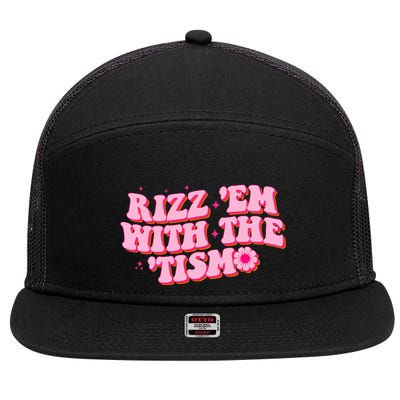 Rizz Em With The Tism Groovy Autism Awareness Neurodiversit 7 Panel Mesh Trucker Snapback Hat