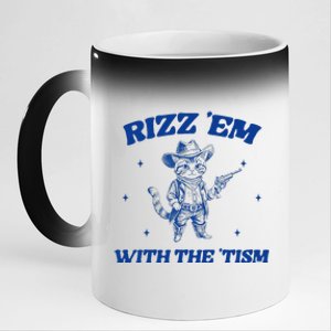 Rizz Em With The Tism Retro Cartoon Cowboy Cat Western Cute 11oz Black Color Changing Mug