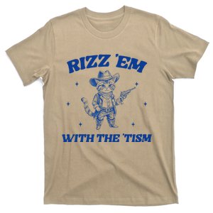 Rizz Em With The Tism Retro Cartoon Cowboy Cat Western Cute T-Shirt