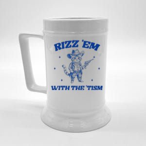 Rizz Em With The Tism Retro Cartoon Cowboy Cat Western Cute Beer Stein