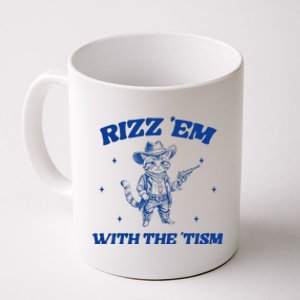 Rizz Em With The Tism Retro Cartoon Cowboy Cat Western Cute Coffee Mug