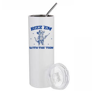 Rizz Em With The Tism Retro Cartoon Cowboy Cat Western Cute Stainless Steel Tumbler