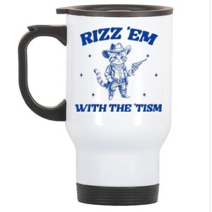 Rizz Em With The Tism Retro Cartoon Cowboy Cat Western Cute Stainless Steel Travel Mug