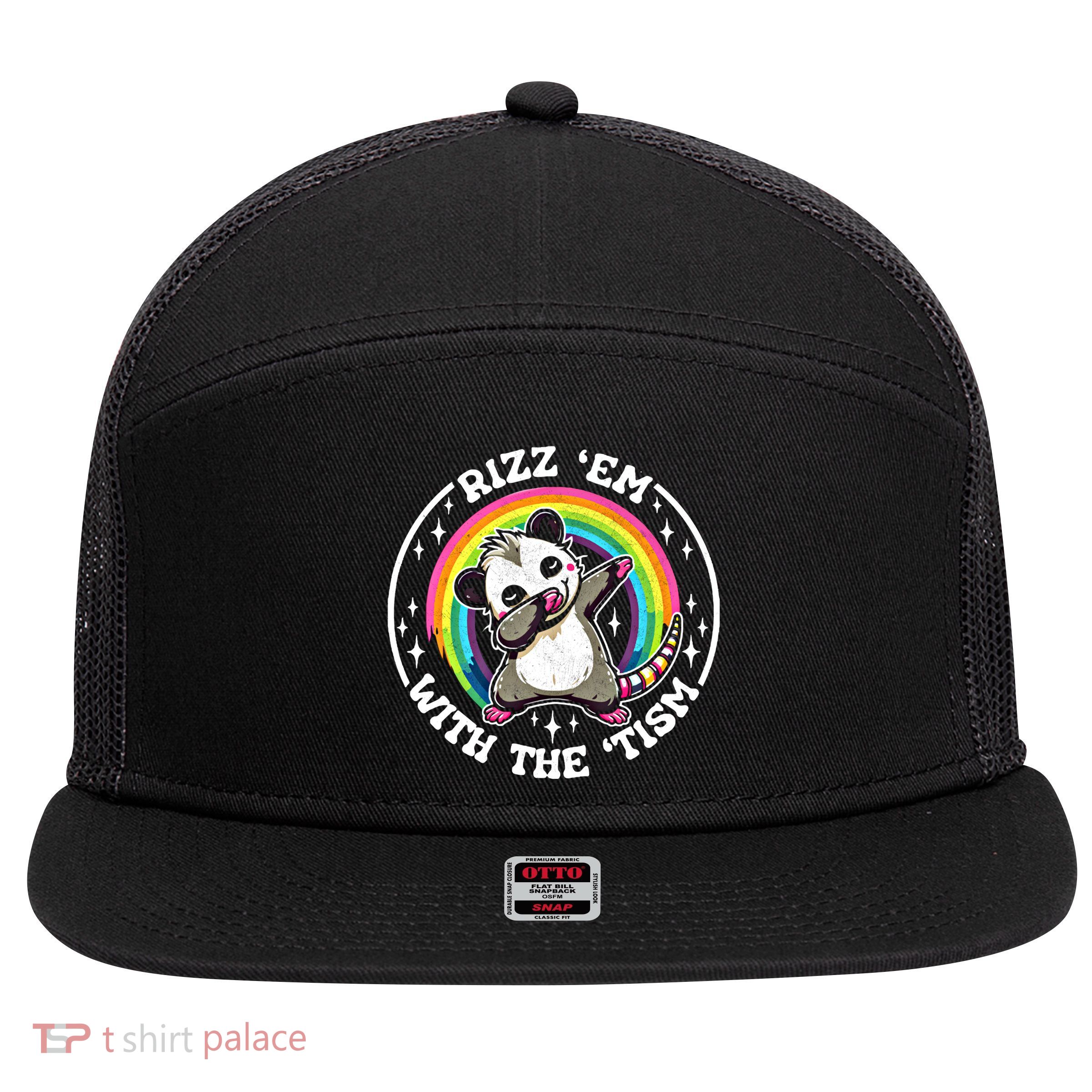 Rizz Em With The Tism Autism Funny Meme Autistic Opossum Meaningful Gift 7 Panel Mesh Trucker Snapback Hat
