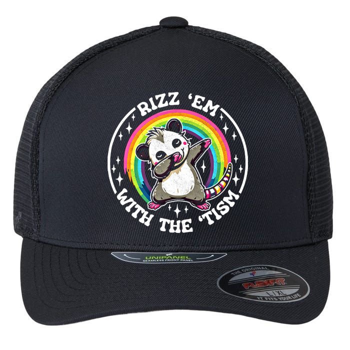 Rizz Em With The Tism Autism Funny Meme Autistic Opossum Meaningful Gift Flexfit Unipanel Trucker Cap
