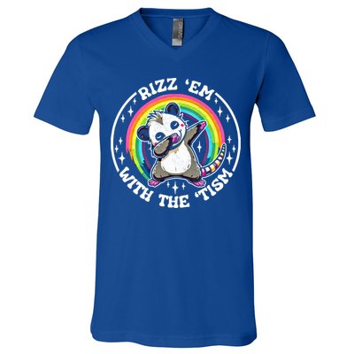 Rizz Em With The Tism Autism Funny Meme Autistic Opossum Meaningful Gift V-Neck T-Shirt